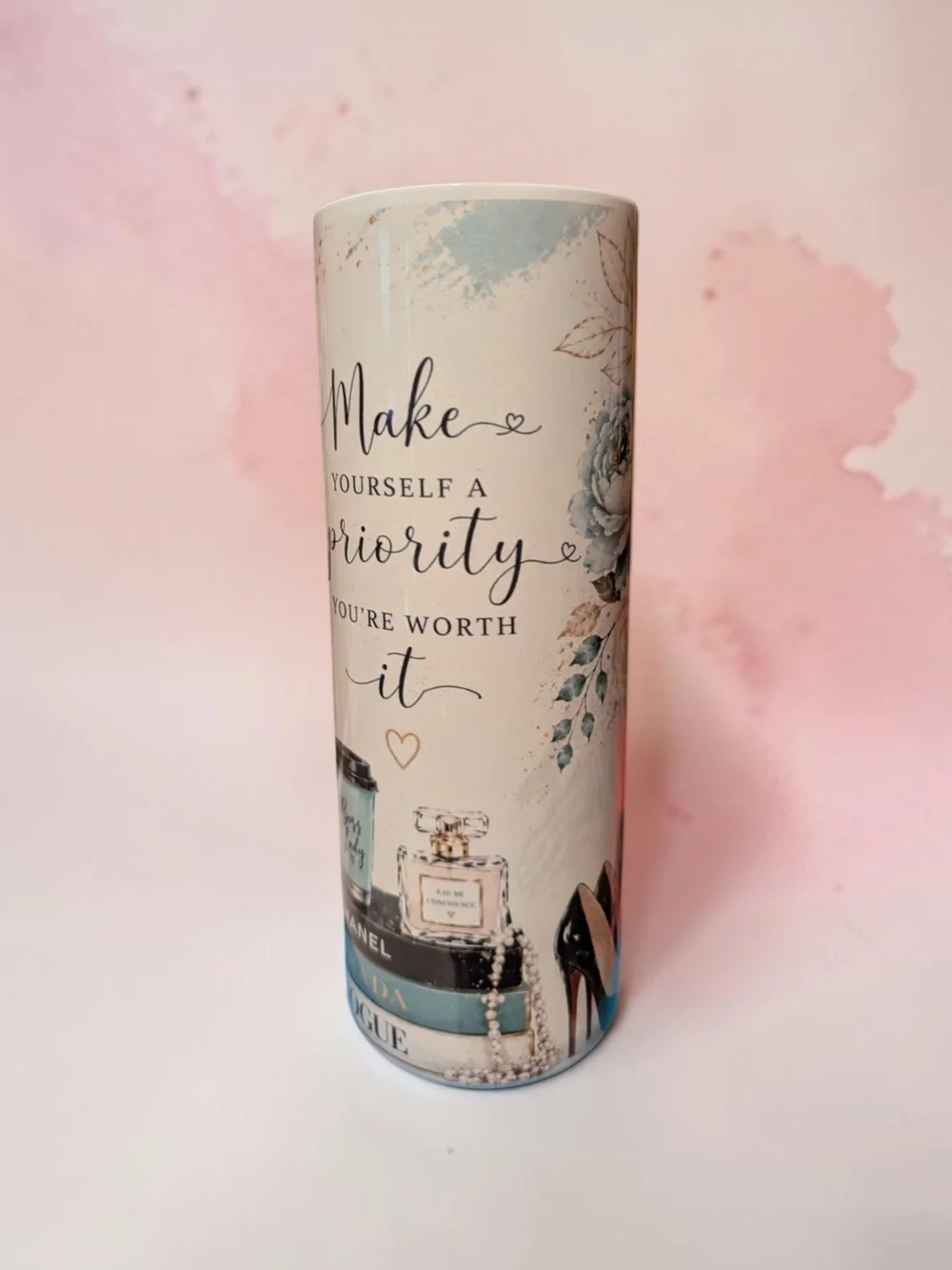 Inspirational Floral Vanity Tumbler - Blue & Cream